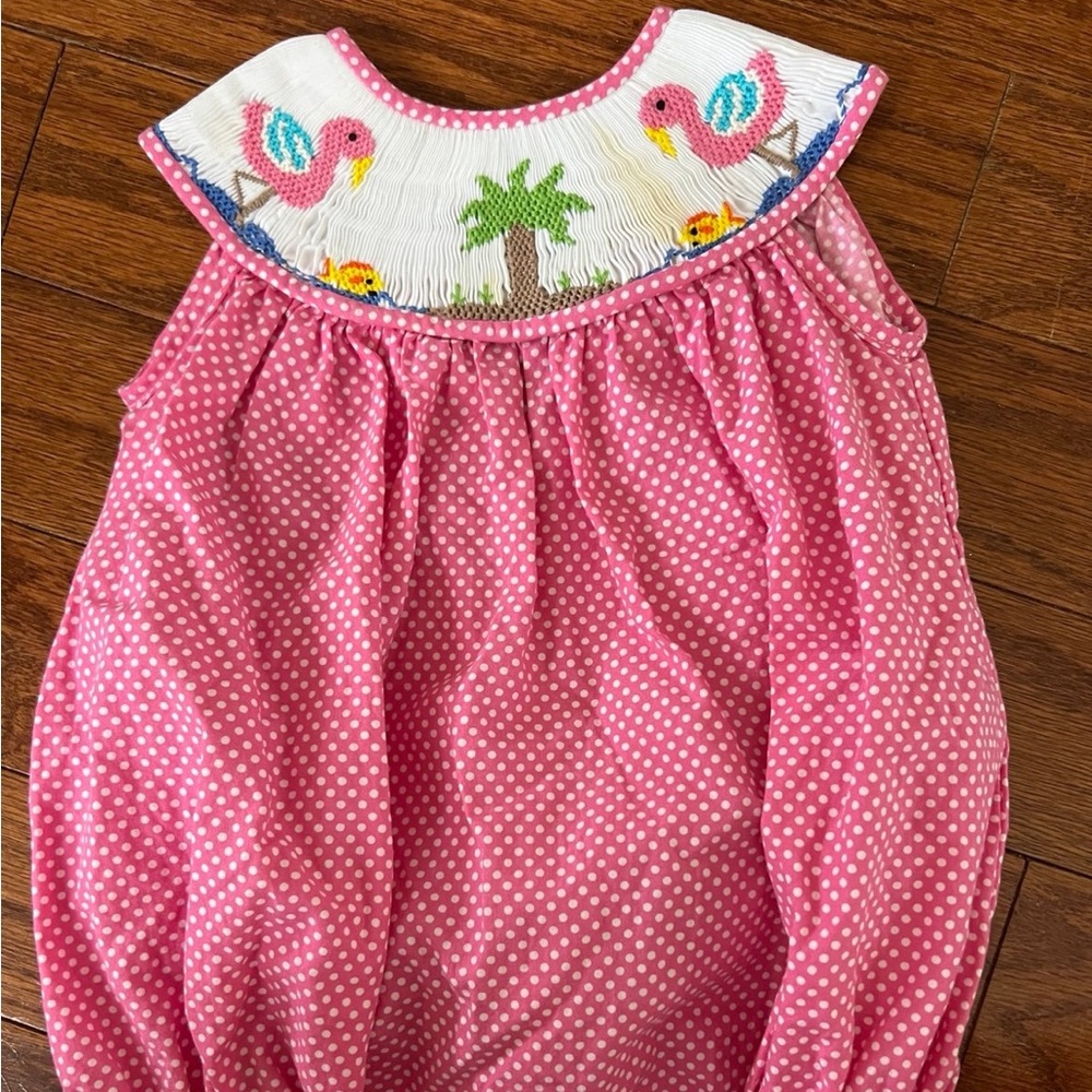 Pink Polka Flamingo Smocked Bubble